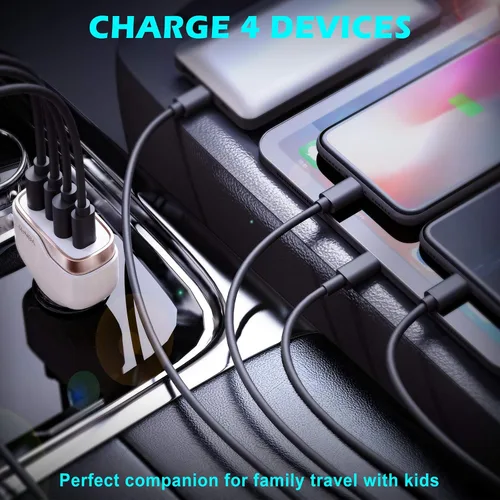 Vista 4 de SUNDA Cargador de Coche USB C Rápido de 60W, Adaptador de Carga de Coche de 4 Puertos, Dual Tipo C PD30W/PPS30W Compatible con iPhone 17/16/15