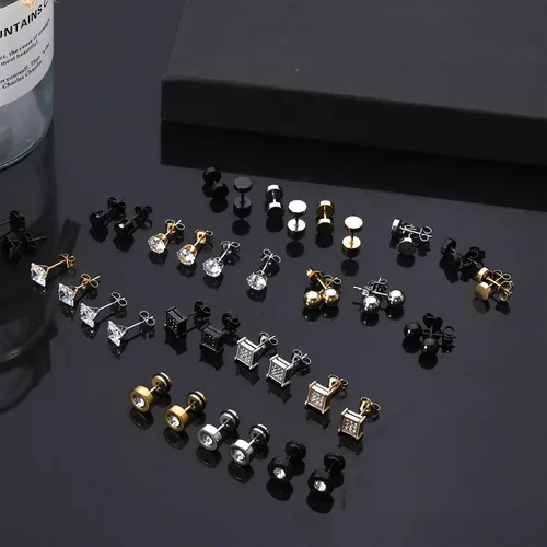 Vista 4 de NEWITIN 30 Pairs Stainless Steel Earrings for Men Studs Hoops Earrings Set Classic