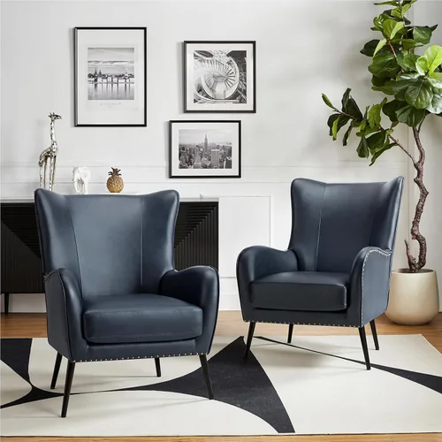 Vista 16 de HULALA HOME Silla decorativa de piel sintética con cojín extraíble, cómodo sillón tapizado con patas de metal negro y ribete de cabeza de clavo