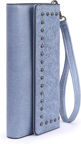 Vista 31 de FALAN MULE Cartera de cuero para mujer, de gran capacidad, bifold, con bloqueo RFID, tarjetero con bolsillo para monedas con cremallera Aa-negro.