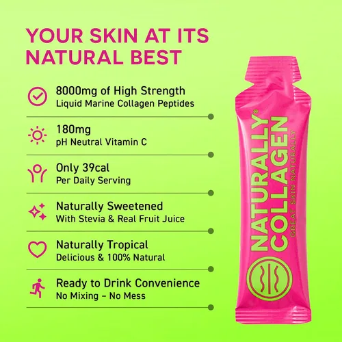 Vista 4 de Suplemento de colágeno marino líquido hidrolizado prémium - 8000 mg de colágeno por bolsita más 180 mg VIT C - Sabor natural de frutas tropicales