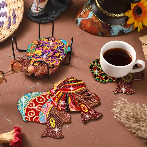 Vista 2 de 8 posavasos de pintura de diamantes afroamericanos con soporte para mujeres negras, kits de arte de diamantes para adultos, principiantes