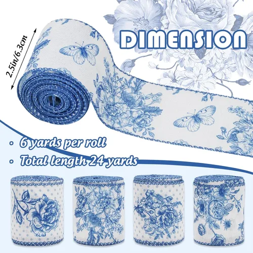 Vista 2 de AnyDesign Cinta blanca y azul con borde con alambre, diseño de mariposas y flores, 24 yardas, 2.5 pulgadas, cintas de tela de flores azules