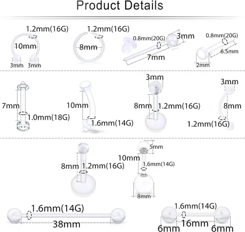 Vista 2 de Cisyozi 92 piezas de plástico transparente para cirugía, trabajo, deporte, 16G 14G, bioflex, labio, ceja, vientre, ombligo, tabique, nariz, pezón