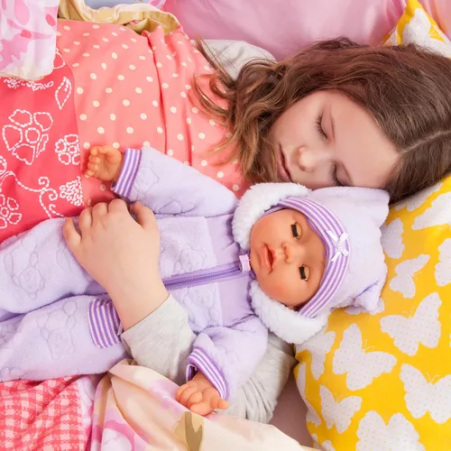 Vista 2 de Bayer Design Piccolina Magic Eyes - Muñeca interactiva con sonidos (18 pulgadas) Soft Body Doll with Moving Mouth and Closing Eyes. Includes 28
