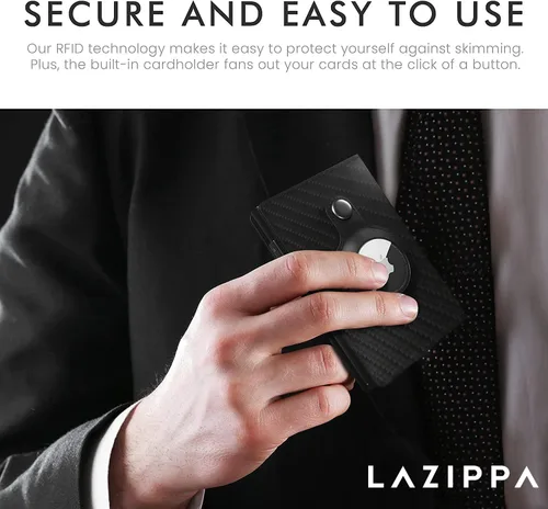 Vista 7 de LAZIPPA Cartera inteligente para hombre, de bolsillo, minimalista, con soporte para rastreador, cartera de cuero con bloqueo RFID, elegante cartera