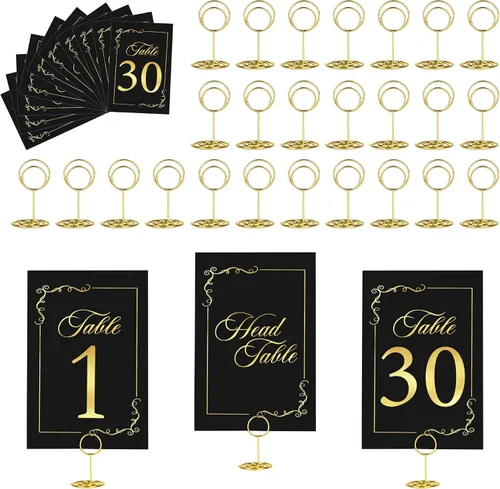 Vista 16 de JOYIT 21 juegos de tarjetas de mesa de boda del 1 al 20 y de la mesa principal con 21 soportes de números de mesas, tarjetas de números de oro negro