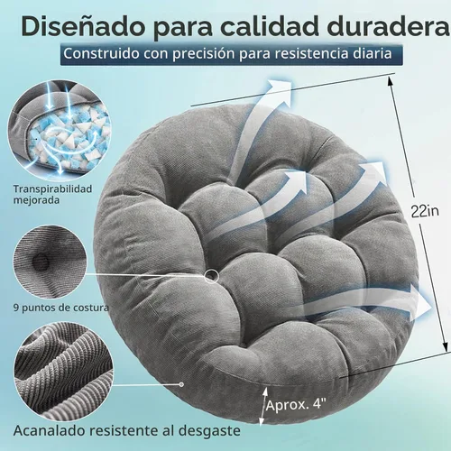Vista 3 de Degrees of Comfort - Cojines redondos y grandes de pana y capitoné para el suelo, meditación y sala tatami, para adultos, gris, 22 pulgadas Redondo