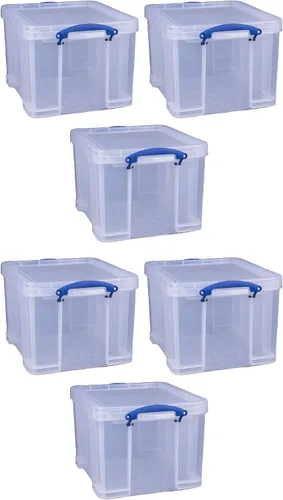 Vista 10 de Really Useful Box Paquete de 3 contenedores de almacenamiento de plástico transparente con tapas y asas de clip, 32 litros - Contenedores
