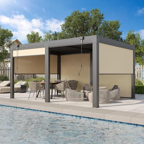 Vista 10 de EROMMY Pérgola con Persianas de 10x10 Pies, Refugio de Sombra Solar para Exteriores con Marco de Aluminio y Techo de Metal Ajustable Resistente a
