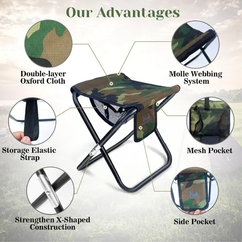 Vista 4 de Taburete plegable portátil mejorado de 13 pulgadas con bolsillo lateral de malla y sistema Molle, taburete plegable ligero para adultos, jardinería