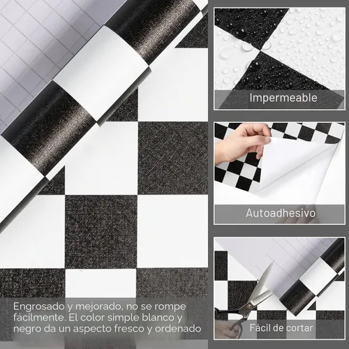 Vista 2 de Papel Adhesivo en Contacto Blanco y Negro en Mosaico a Cuadros, Papel Pintado Desmontable y Autoadhesivo en Lattice, Vinilo Impermeable en Rollo
