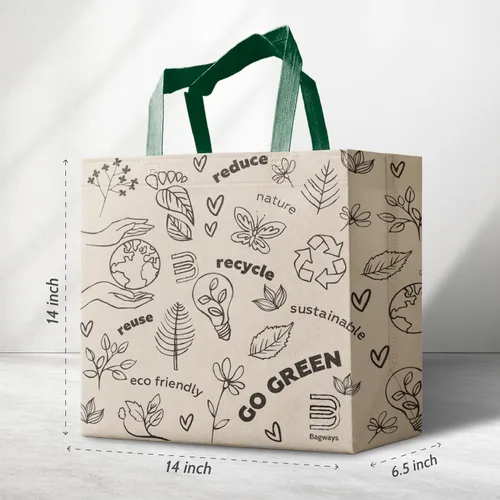 Vista 5 de Bagways Paquete de 30 bolsas de compras reutilizables con asas, duraderas, plegables, lavables, ecológicas, de 14x6.5x14 pulgadas, diseño beige/verde