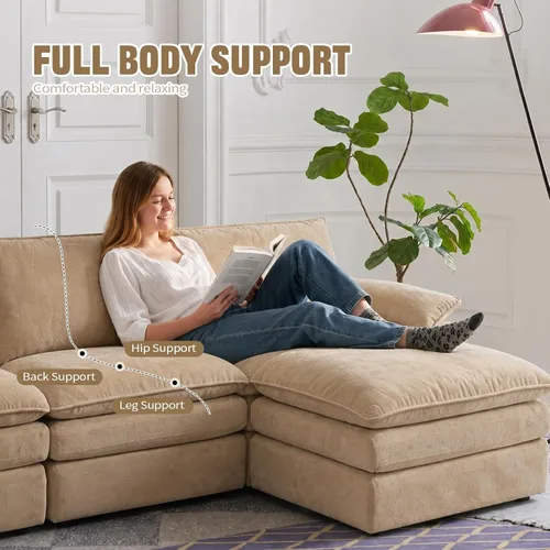 Vista 6 de Sofá modular en forma de nube de 118 pulgadas, con otomana móvil, sofá de asiento profundo de felpilla para sala de estar, sin montaje, caqui