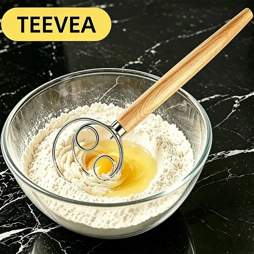 Vista 3 de TEEVEA Batidor de masa danesa Mango de madera de acero inoxidable para pan Batidor de masa de 2 ojos