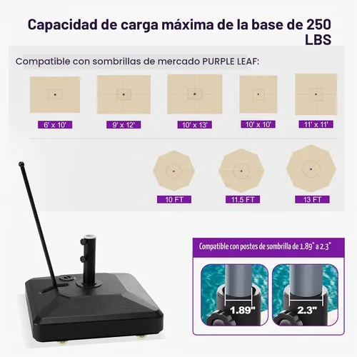 Vista 5 de PURPLE LEAF Base de sombrilla para mercado al aire libre con asa, soporte ponderado rellenable de 250 libras, 4 ruedas de polietileno de alta