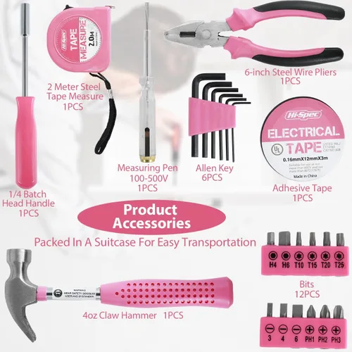 Vista 3 de Kit de herramientas de bricolaje para el hogar de 24 piezas, color rosa, para mujeres, juego de mini caja de herramientas compacta con herramientas
