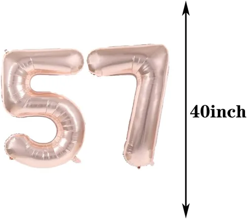 Vista 2 de Decoraciones de cumpleaños número 57, globos de oro rosa con el número 57, globos de aluminio de Mylar 57, decoración de globos de látex, gran