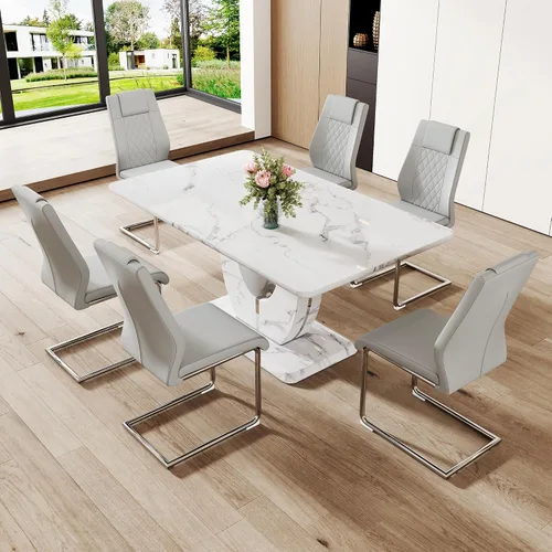 Vista 89 de JUFU Juego de mesa de comedor moderno para 4, juego de mesa de cocina rectangular de 63 pulgadas con mesa de mármol sintético y 4 sillas tapizadas