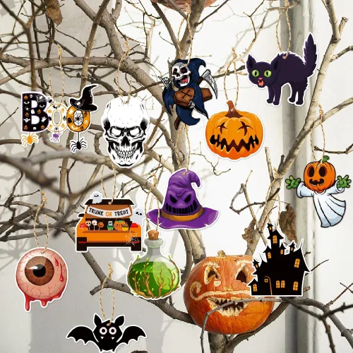 Vista 2 de Adornos de Halloween para árbol, decoraciones colgantes de árbol de Halloween, calabaza, gato negro, cráneo, murciélago, globo ocular, dulce