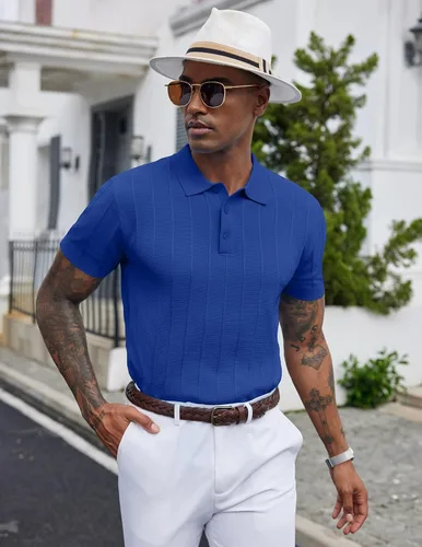 Vista 53 de COOFANDY Camisas polo de punto para hombre de manga corta con textura acanalada Camisas de golf casuales y ligeras con cuello Camiseta de polo