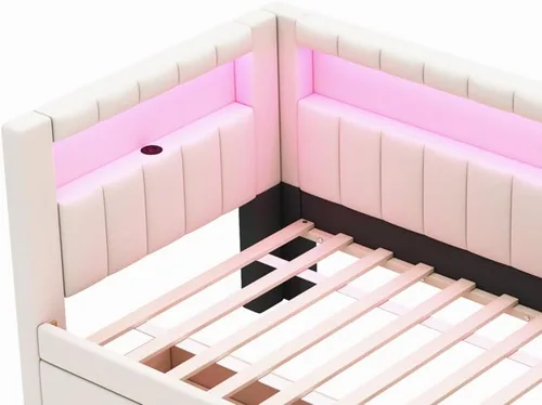 Vista 8 de Sofá cama tapizado de tamaño individual con puertos USB y luces LED, cama esquinera con 2 cajones y cabecera en forma de L, cama esquinera suave