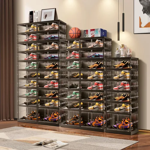 Vista 4 de EHAMILY - Organizador y almacenamiento de zapatos de 3 niveles, 6-12 pares, plegable, para armario, cajas de zapatos apilables de plástico