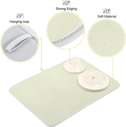 Vista 4 de Tapete de secado de platos pequeño beige XL para platos, accesorios de cocina, mostrador de microfibra, escurridor de platos, resistente al calor