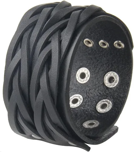 Vista 51 de Jeilwiy Pulseras de cuero punk para hombres, pulseras hechas a mano, brazalete ancho, joyería trenzada, color negro y marrón, ajustable, regalos