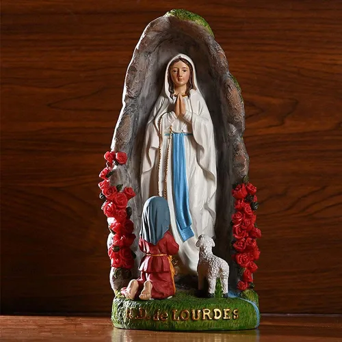 Vista 7 de Estatua de Nuestra Señora de Lourdes – Figura de resina de 8 pulgadas – Estatua de Santa Bernadette y María, escultura con pintura a mano – Regalo