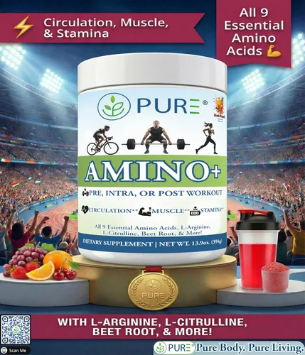 Vista 2 de PURE Amino+ - Aminoácidos esenciales en polvo, 30 porciones, 17.64 oz - EAA de espectro completo con L-arginina, L-citrulina y raíz de remolacha