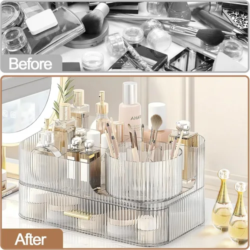 Vista 4 de DASITON Organizador de Maquillaje con Cajones y Soporte Giratorio para Brochas de Maquillaje, Organizador de Cosméticos Apilable de Gran Capacidad