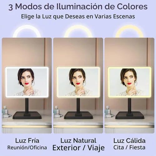 Vista 3 de FUNTOUCH Espejo de tocador de maquillaje recargable con luces, espejo de escritorio grande iluminado con 96 luces LED y aumento de 10x, iluminación