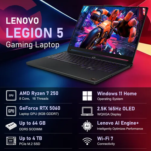 Vista 3 de Lenovo Legion 5a RTX 5060 Ryzen 7 250 16GB DDR5 1TB SSD portátil