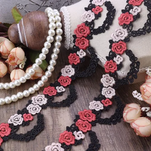 Vista 3 de Cinta de encaje bordada con flores negras para coser manualidades, boda, 3.5 yardas