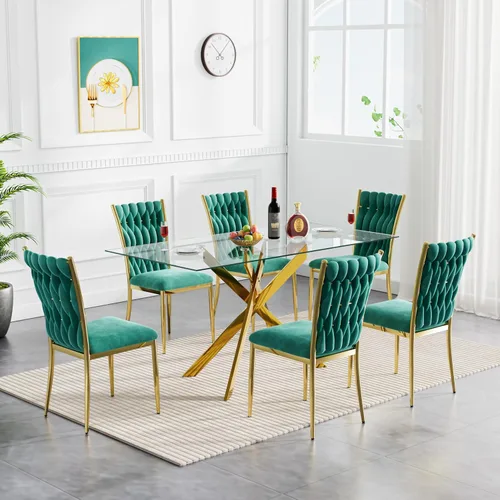 Vista 21 de Juego de mesa de comedor de cristal para cocina de 4, 5 piezas, mesa de comedor rectangular de 51 pulgadas con 4 sillas de cocina de terciopelo