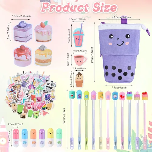 Vista 2 de Sabary Kawaii - Juego de papelería – Bolsa telescópica para lápices Boba, lápiz de tinta de gel, resaltador de píldoras de té de burbujas