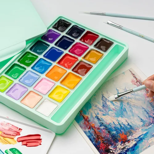 Vista 3 de HIMI Juego de pinturas gouache con 3 pinceles, 24 colores, 30 g, diseño de cápsula de gelatina, pintura no tóxica para lienzo y papel, suministros