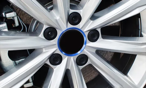 Vista 4 de iJDMTOY 4 tapas centrales de aluminio anodizado de aluminio azul que rodea el anillo de decoración compatibles con Volkswagen de 2.16 a 2.73