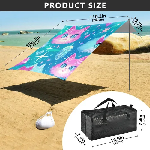 Vista 3 de Pink Blue Cats Foldable Beach Canopy UPF50+ Protection Waterproof Large Sun Shade with Carrying Bag for Camping, Fishing, Backyard Fun