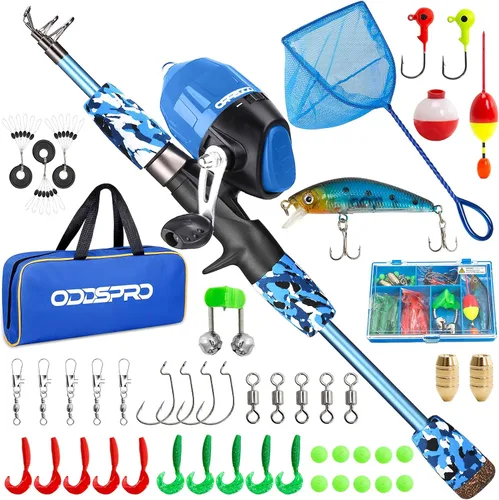 Vista 19 de ODDSPRO Caña de pescar para niños, kit combinado de caña de pescar y carrete telescópico portátil para niños, con caja de aparejos de pesca Spincast