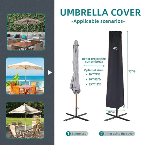 Vista 2 de PALON Funda para sombrilla de patio al aire libre, 420D, impermeable, con cremallera y cordón retráctil, anti-UV, resistente al viento, para Negro