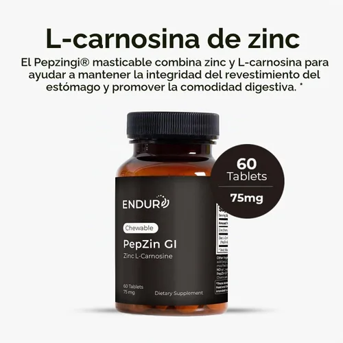 Vista 2 de ENDUR PepZinGI Zinc Carnosine 75mg, tabletas masticables, 60 tabletas PepZinGI® patentado, 59 mg de L-carnosina, 16 mg de zinc, comodidad gástrica