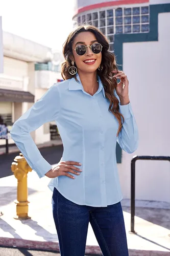 Vista 2 de HOTOUCH Camisa básica elástica con botones para mujer, de manga larga, ajustada, para el trabajo, oficina, blusa