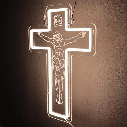 Vista 8 de Letrero de neón con cruz de Jesús, luz de neón LED de cruz de Jesús blanca cálida, hecha a mano con grabado 3D para amigos, familia, compromiso