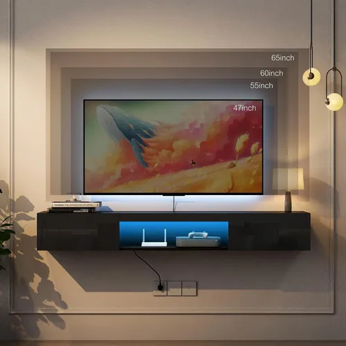 Vista 4 de Soporte flotante para TV montado en la pared con 20 LED de color, soporte de TV moderno de 63 pulgadas, gabinete de TV flotante centro