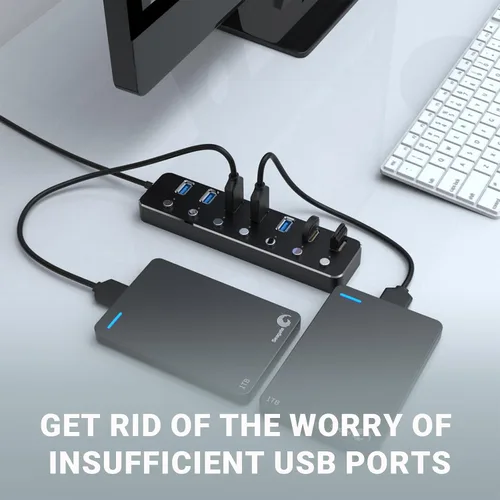 Vista 5 de Hub USB 3.0 Hub USB de 7 puertos con cable de 2 pies de largo Hub USB de aluminio para portátil y PC con interruptor de encendido/apagado individual