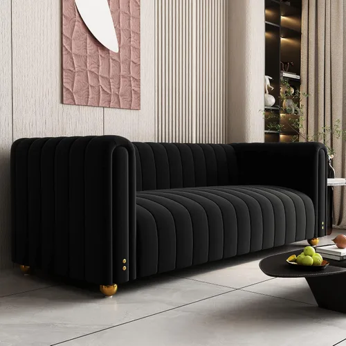 Vista 7 de Sofá capitonado Chesterfield de terciopelo tapizado de 81 pulgadas de ancho, 3 plazas, cómodo sofá para sala de estar, dormitorio, oficina Negro