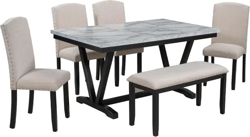 Vista 8 de Merax Juego de mesa de comedor de 6 piezas con banco, mesa de comedor rectangular con 4 sillas tapizadas y un banco, juego de sillas de mesa