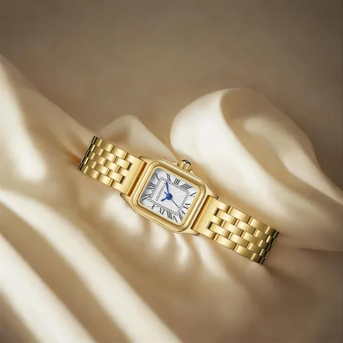Vista 4 de Relojes pequeños de oro para mujer con funda rectangular vintage, esfera romana clásica, banda de acero inoxidable resistente al agua con cadena